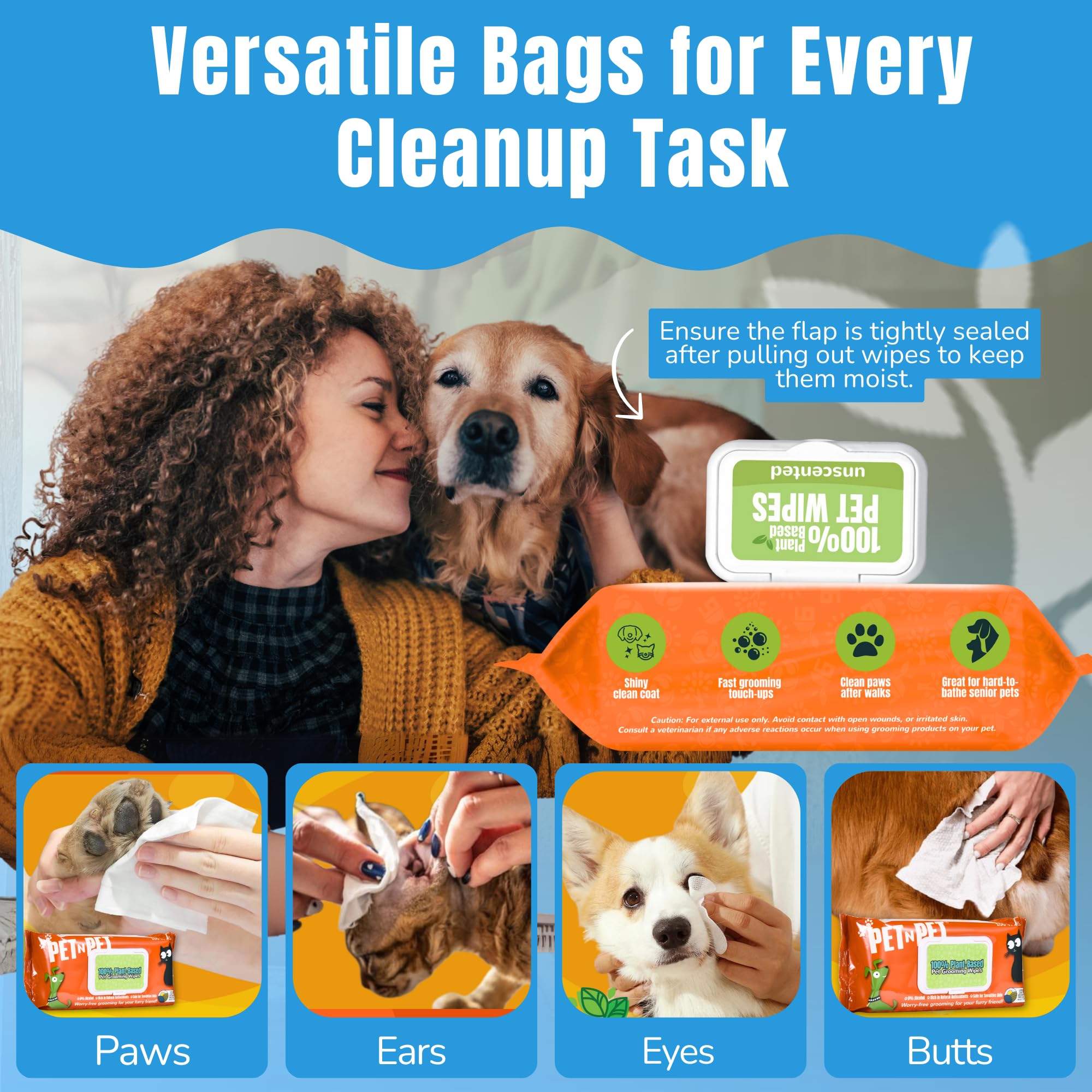 Pet N Pet 100% Plant Based Dog Wipes For Paws And Butt, 400 Counts Hypoallergenic Unscented Dog Pet Wipes, 8'' X 8''